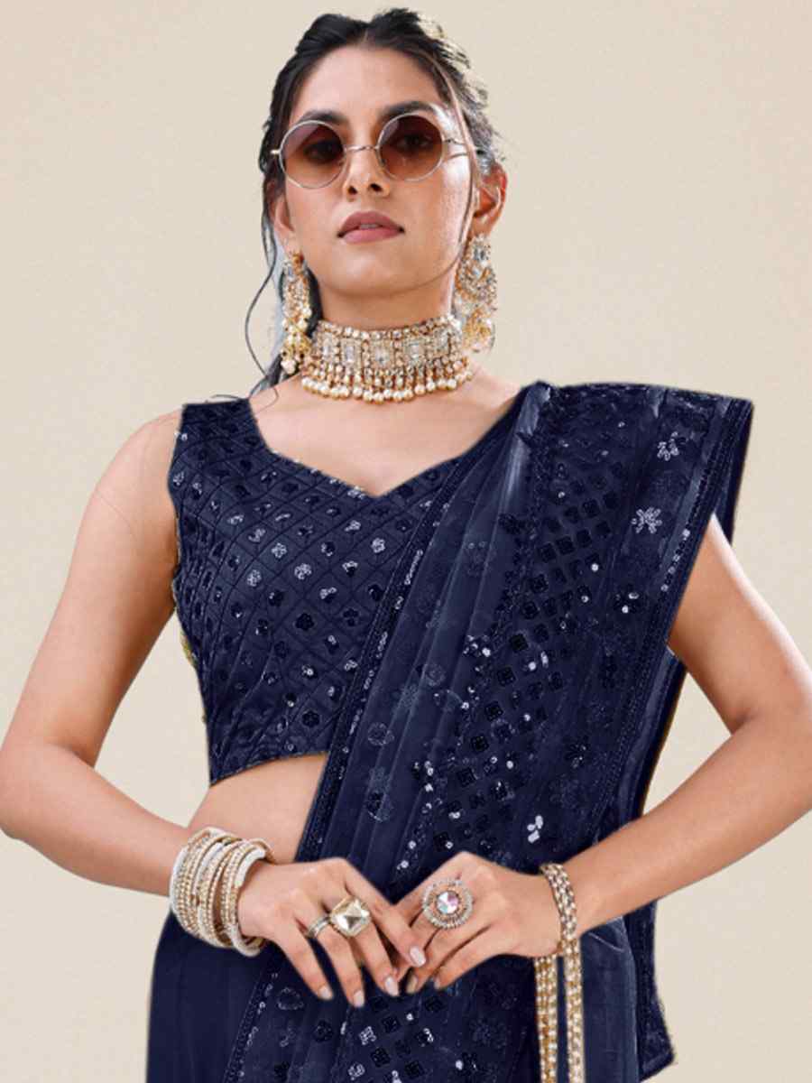 Navy Blue Net Embroidered Party Festival Heavy Border Saree