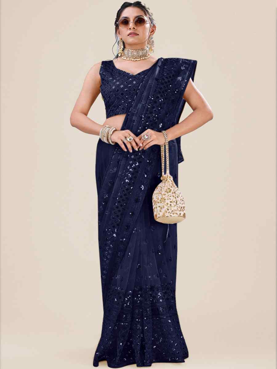 Navy Blue Net Embroidered Party Festival Heavy Border Saree