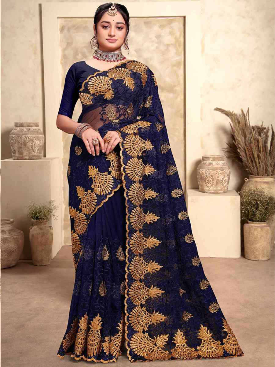 Navy Blue Net Embroidery Party Wedding Heavy Border Saree