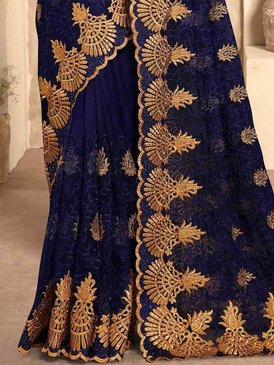 Navy Blue Net Embroidery Party Wedding Heavy Border Saree