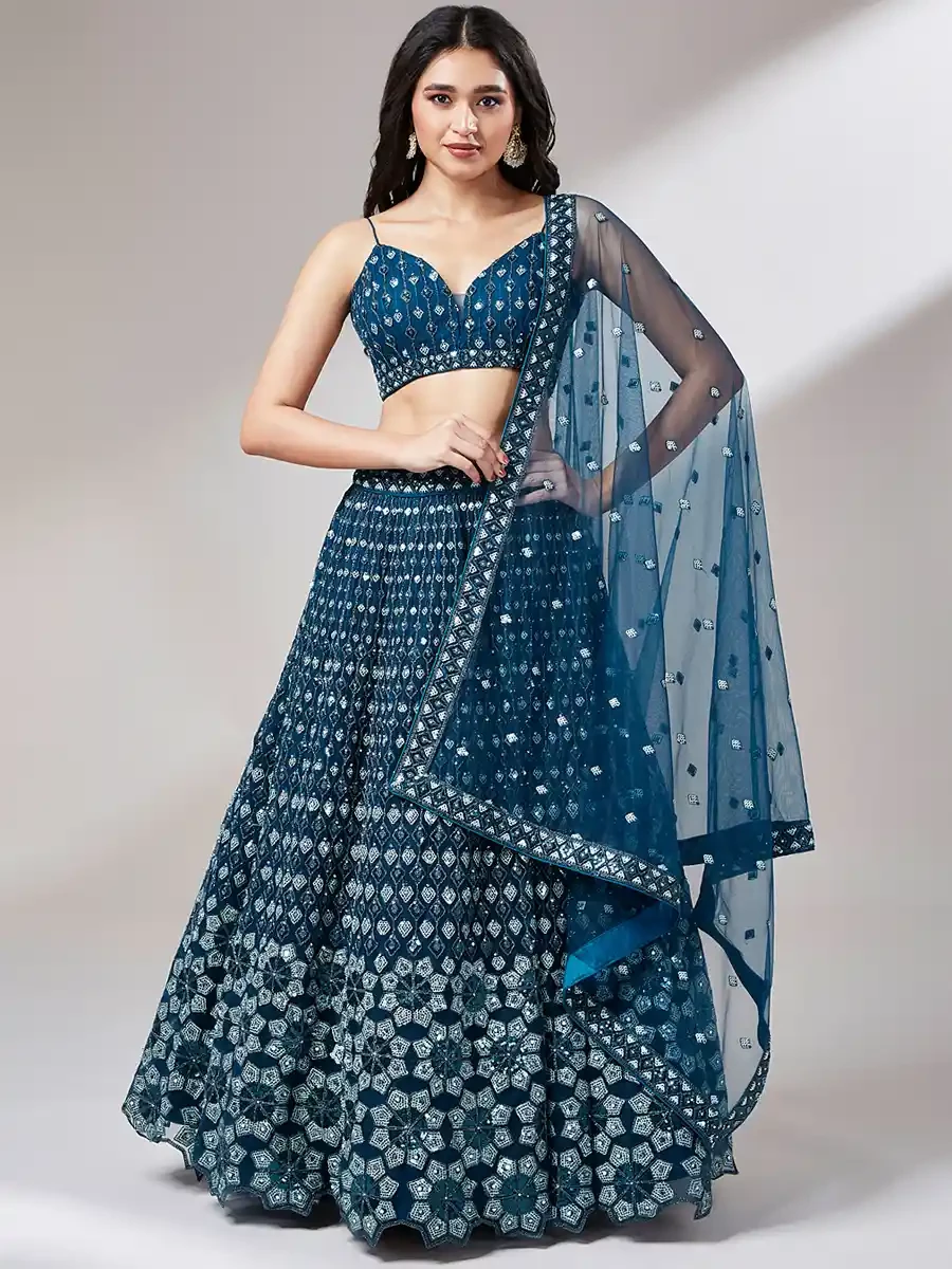 Navy Blue Net Embroidery Reception Party Wear Heavy Border Lehenga Choli