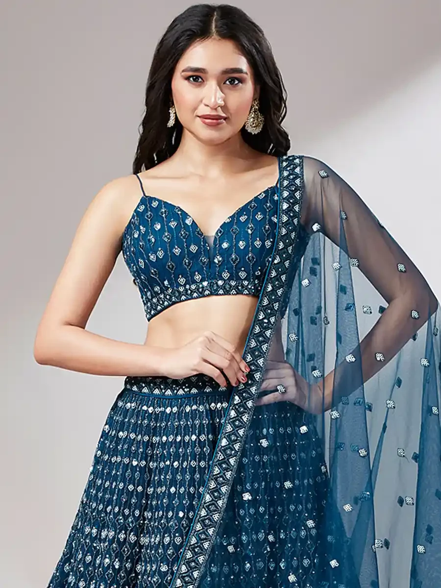 Navy Blue Net Embroidery Reception Party Wear Heavy Border Lehenga Choli