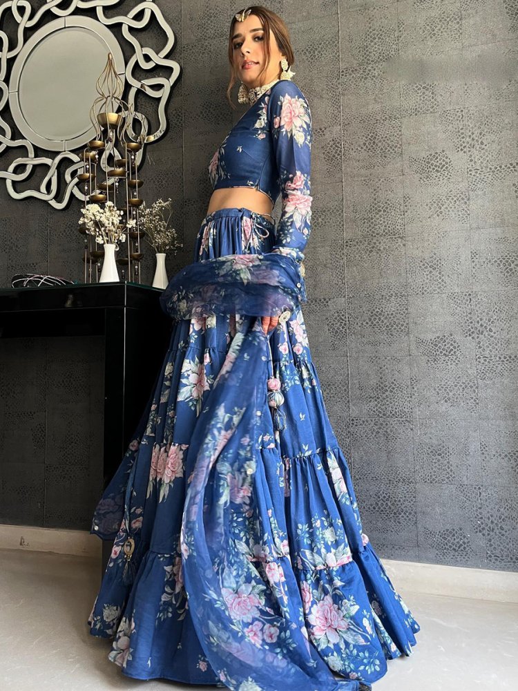 Navy Blue Organza Embroidery Reception Party Wear Circular Lehenga Choli