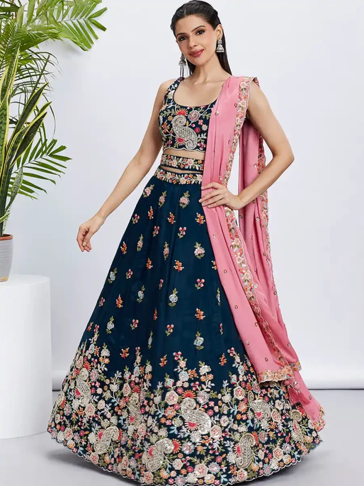 Navy Blue Organza Embroidery Reception Wedding Heavy Border Lehenga Choli