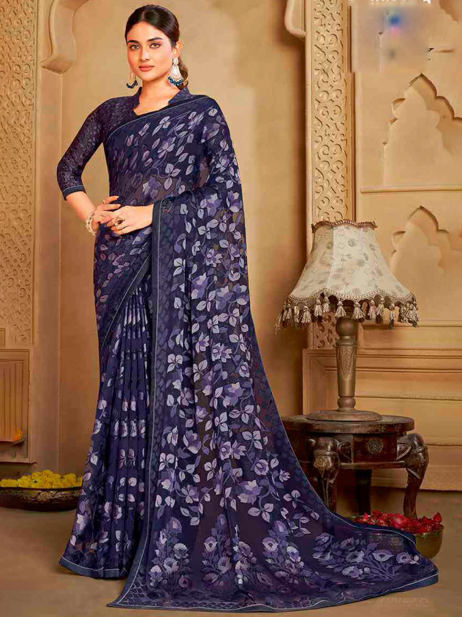 Navy Blue Organza Printed Festival Casual Contemporary Saree