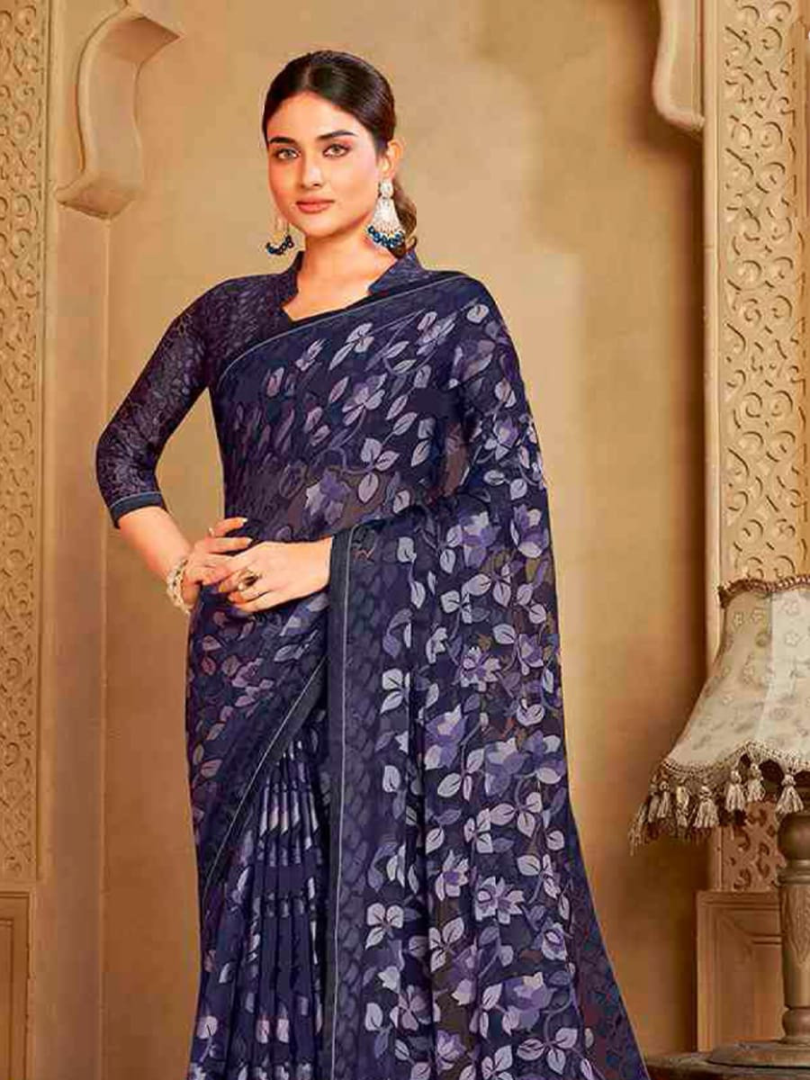 Navy Blue Organza Printed Festival Casual Contemporary Saree