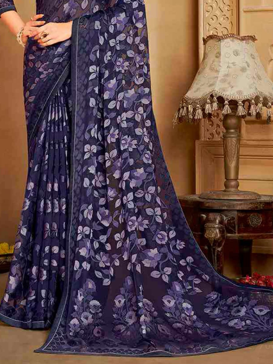 Navy Blue Organza Printed Festival Casual Contemporary Saree