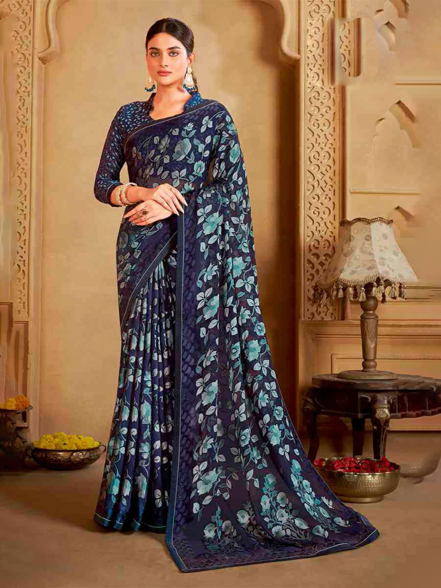 Navy Blue Organza Printed Festival Casual Contemporary Saree