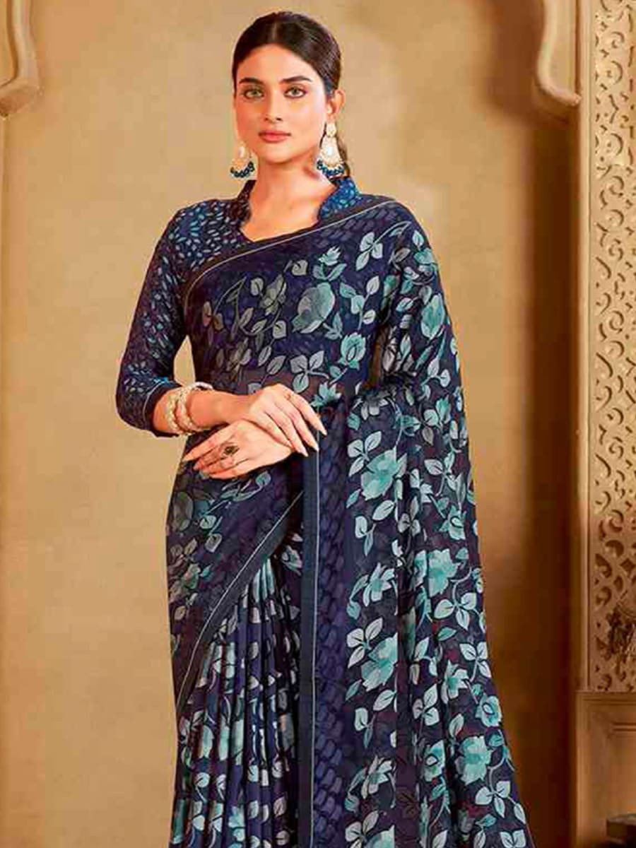 Navy Blue Organza Printed Festival Casual Contemporary Saree