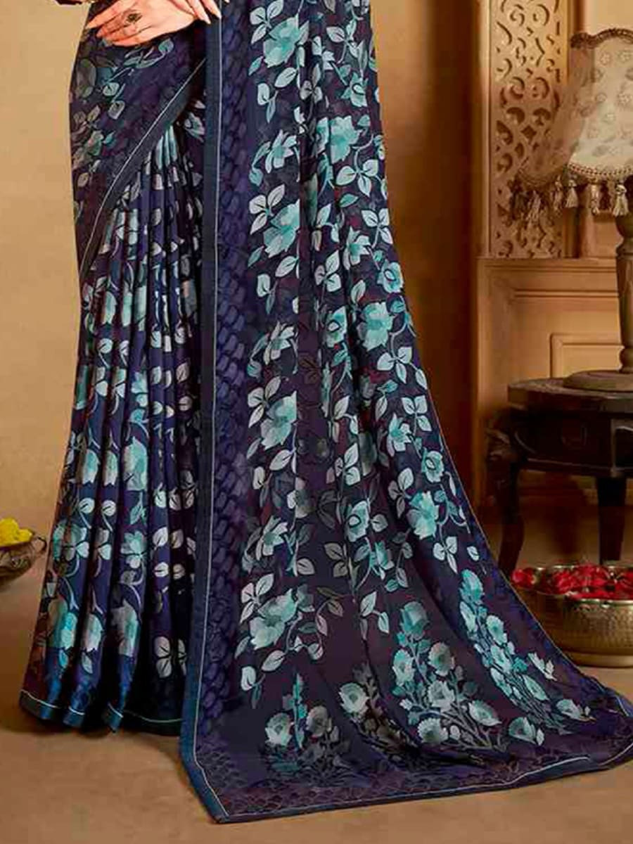 Navy Blue Organza Printed Festival Casual Contemporary Saree