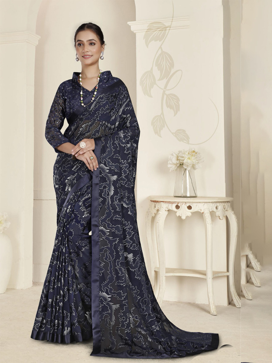 Navy Blue Organza Printed Festival Casual Contemporary Saree