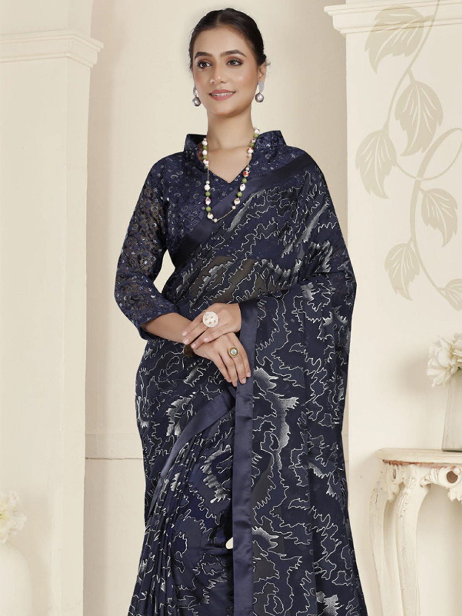 Navy Blue Organza Printed Festival Casual Contemporary Saree