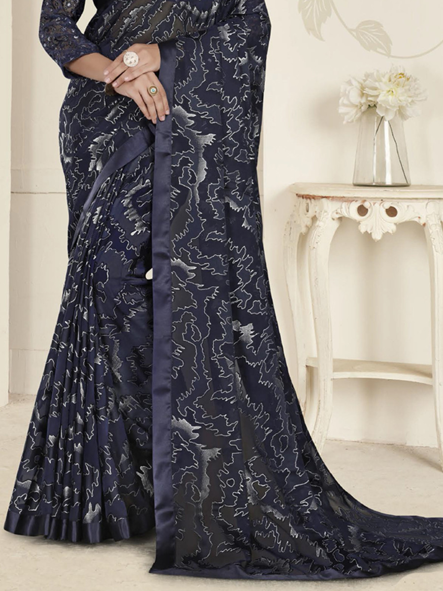 Navy Blue Organza Printed Festival Casual Contemporary Saree