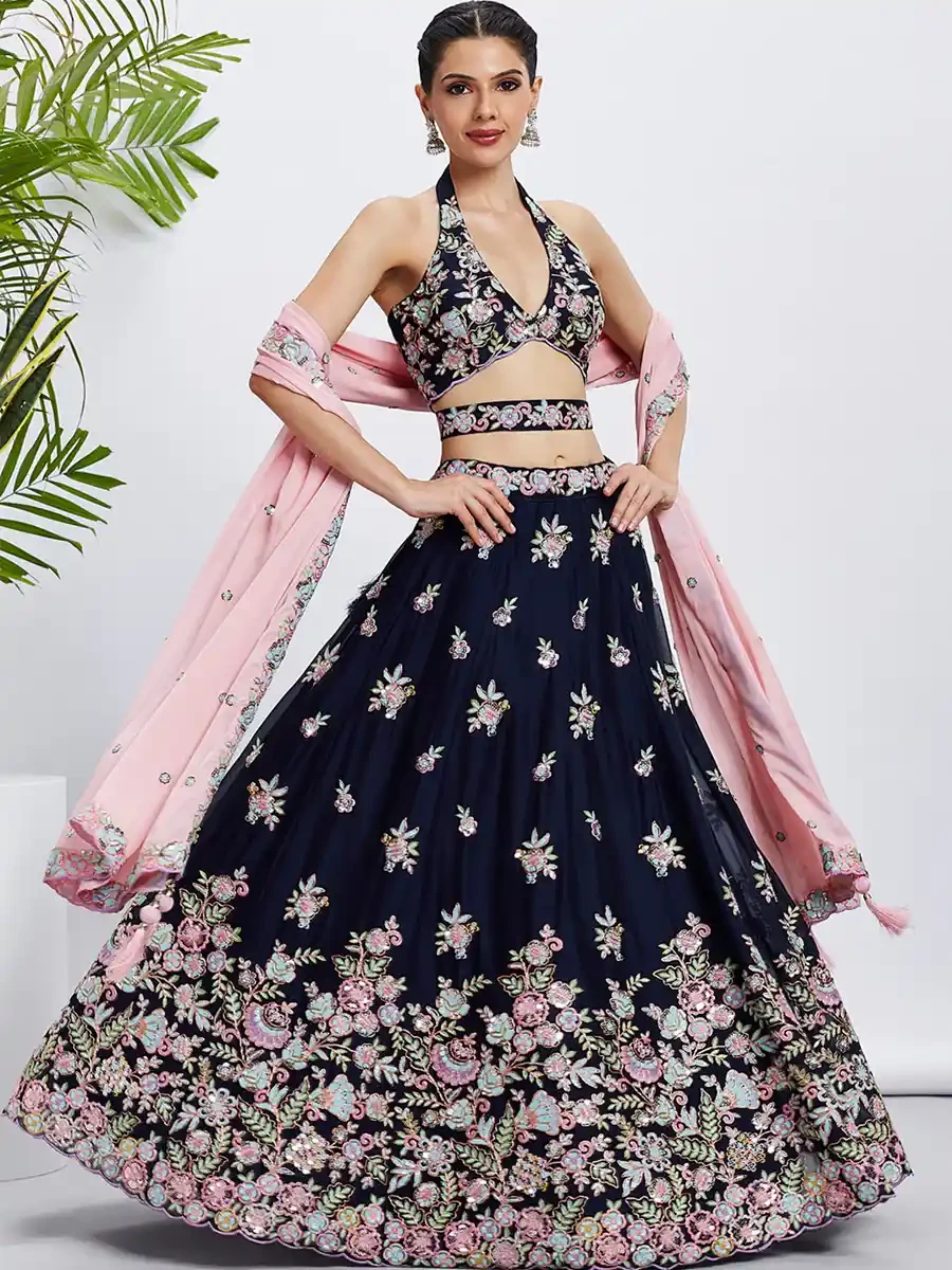 Navy Blue Poly Georgette Embroidery Reception Party Wear Heavy Border Lehenga Choli