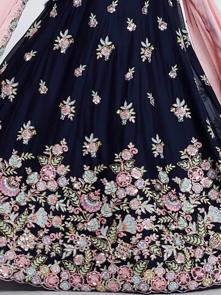 Navy Blue Poly Georgette Embroidery Reception Party Wear Heavy Border Lehenga Choli