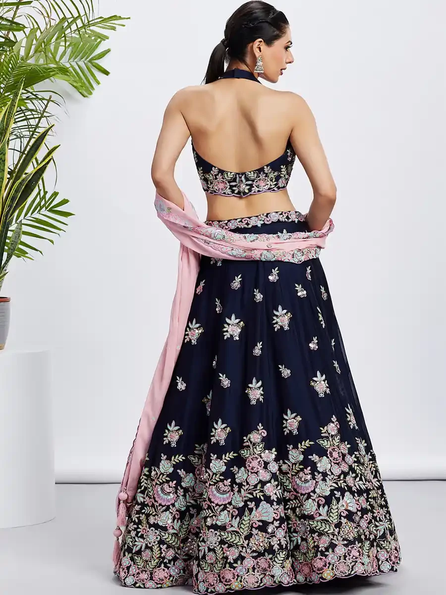 Navy Blue Poly Georgette Embroidery Reception Party Wear Heavy Border Lehenga Choli