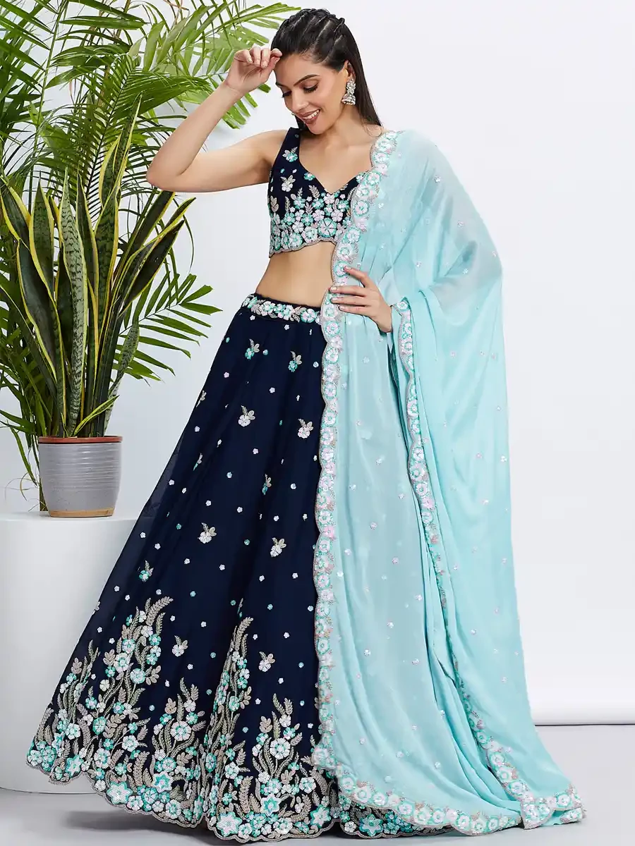 Navy Blue Poly Georgette Embroidery Reception Party Wear Heavy Border Lehenga Choli