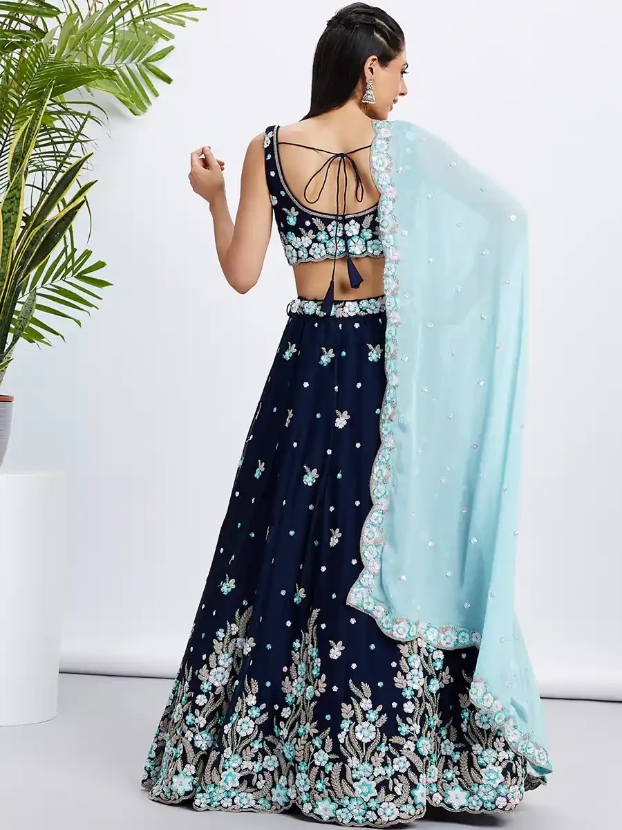 Navy Blue Poly Georgette Embroidery Reception Party Wear Heavy Border Lehenga Choli