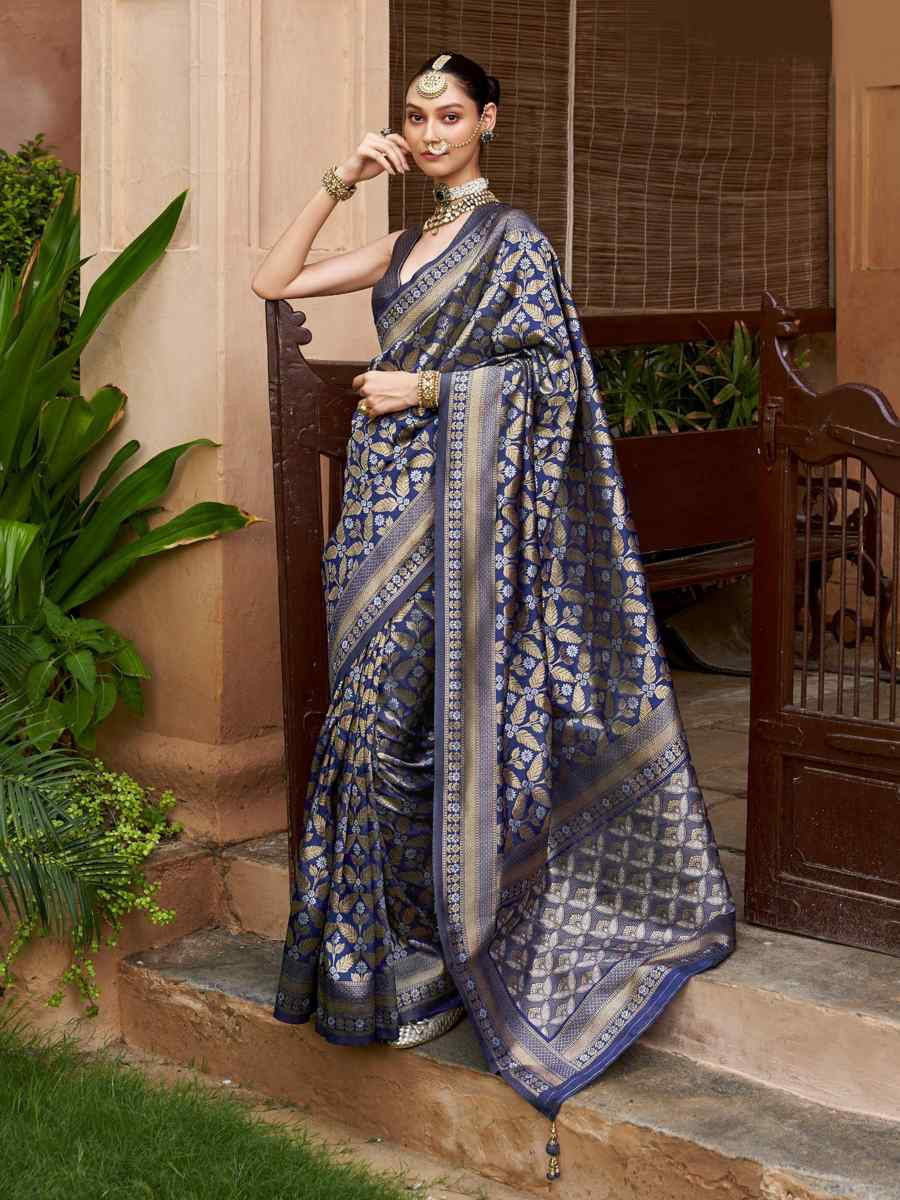 Navy Blue Poly Viscose Silk Banarasi Silk Handwoven Festival Casual Heavy Border Saree