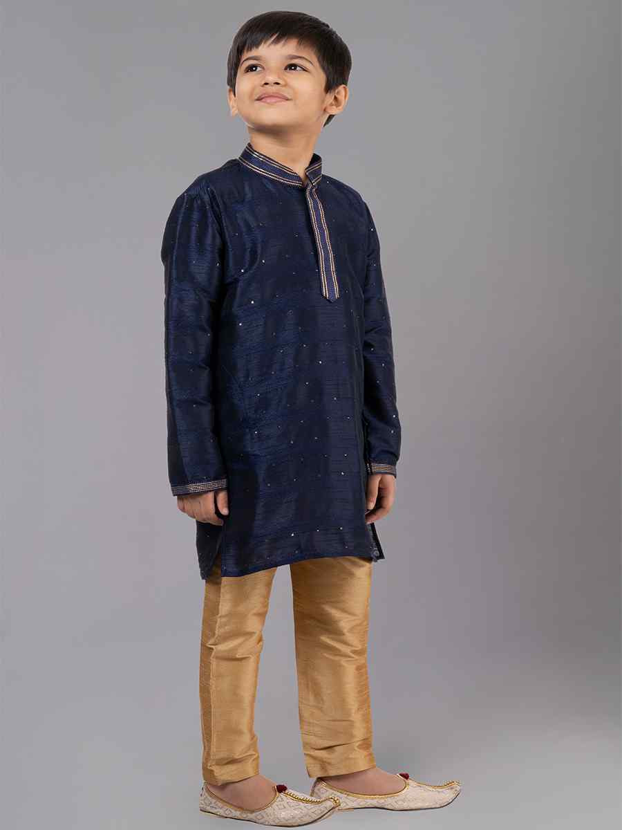 Navy Blue Polyester Cotton  Embroidered Festival Traditional Kurta Pyjama Boys Wear