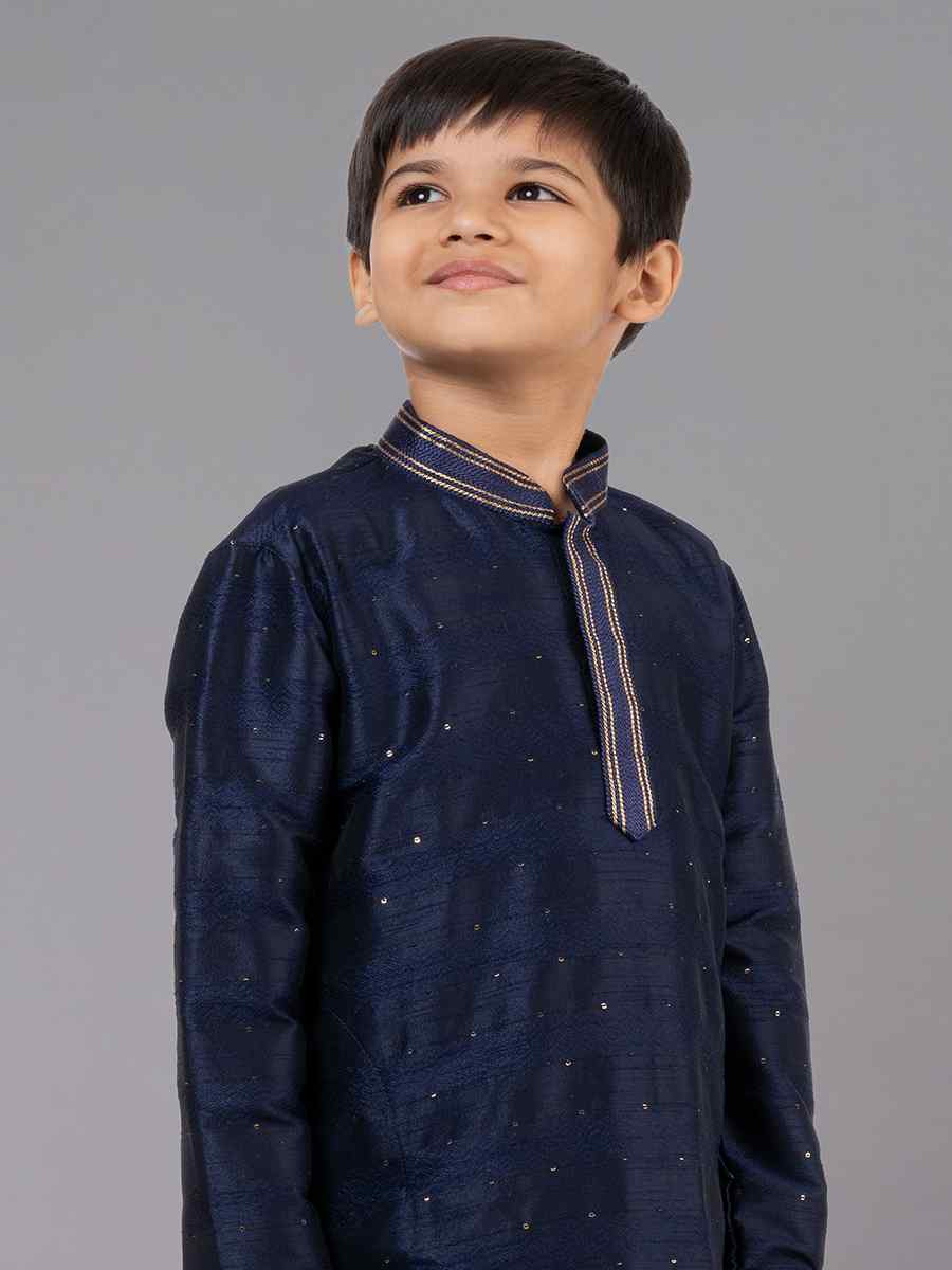 Navy Blue Polyester Cotton  Embroidered Festival Traditional Kurta Pyjama Boys Wear