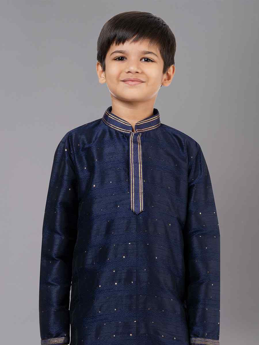 Navy Blue Polyester Cotton  Embroidered Festival Traditional Kurta Pyjama Boys Wear