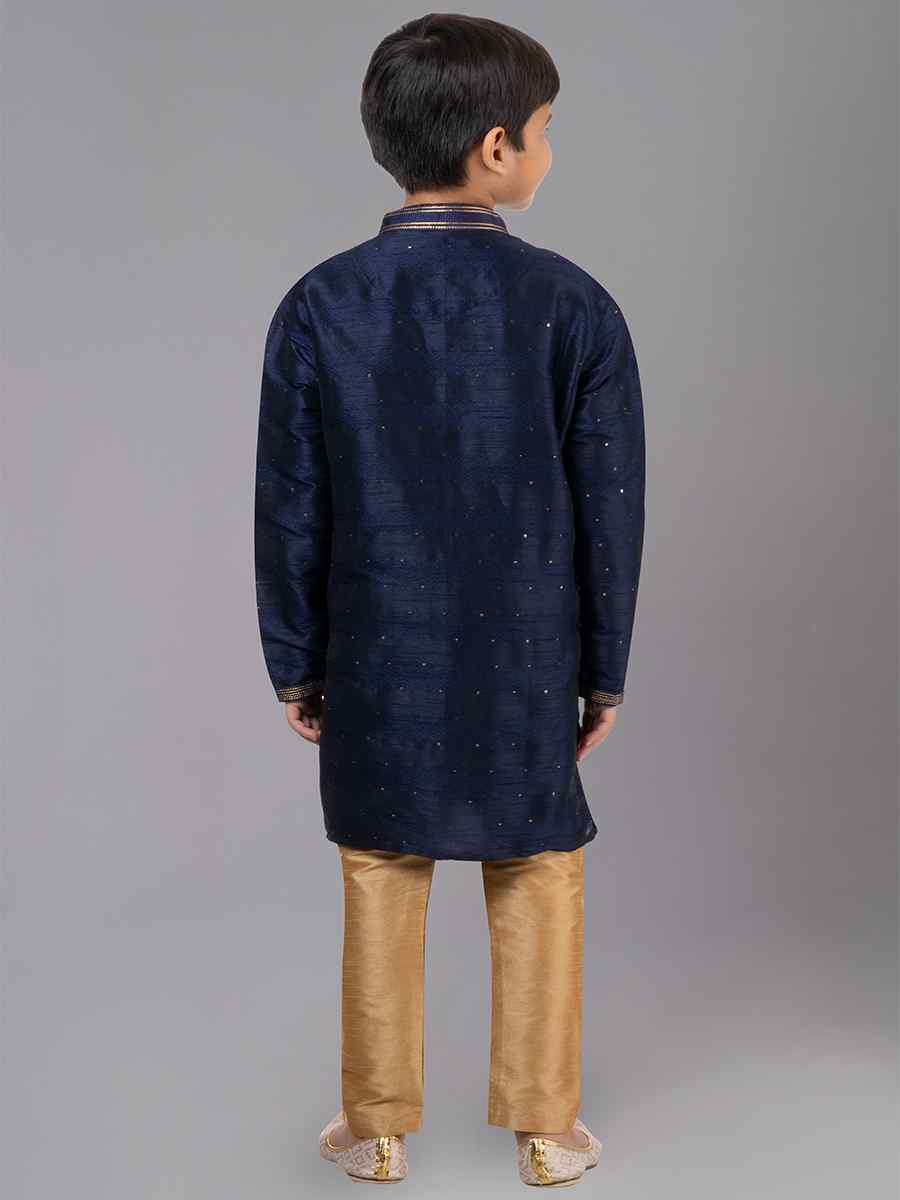 Navy Blue Polyester Cotton  Embroidered Festival Traditional Kurta Pyjama Boys Wear