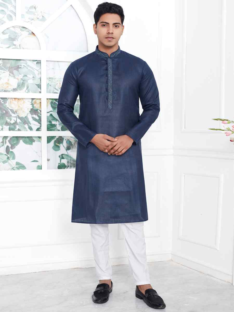 Navy Blue Premium Linen Cotton Plain Festival Casual Kurta