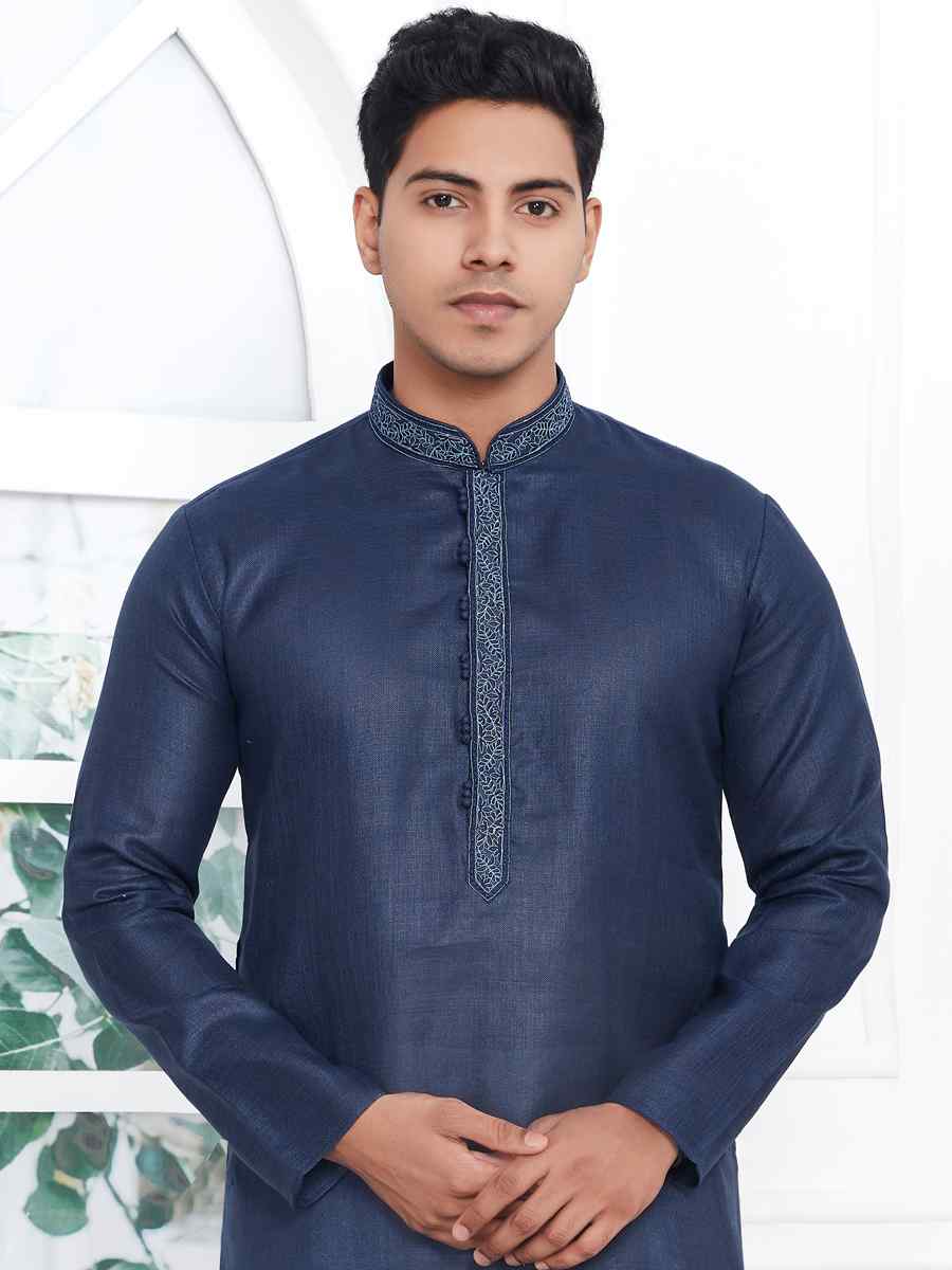 Navy Blue Premium Linen Cotton Plain Festival Casual Kurta