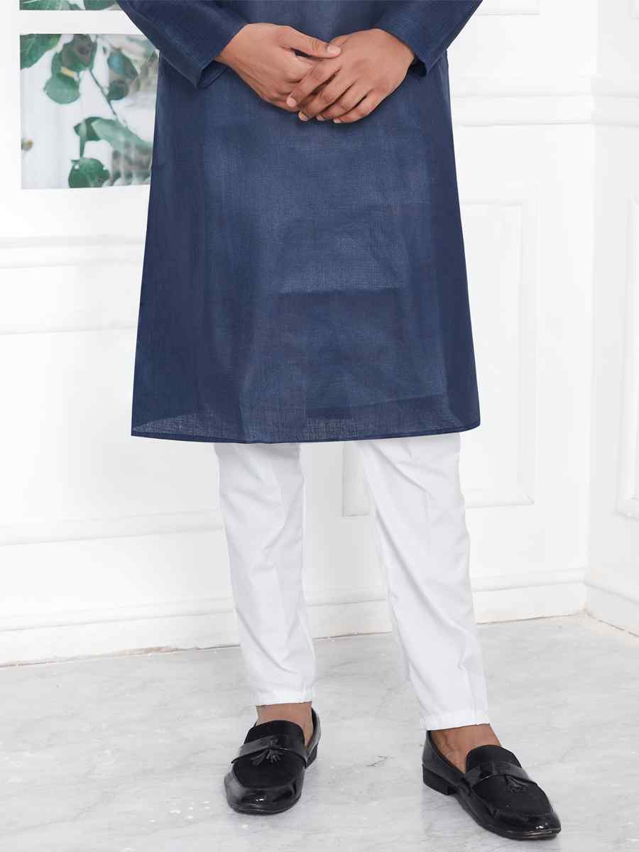 Navy Blue Premium Linen Cotton Plain Festival Casual Kurta