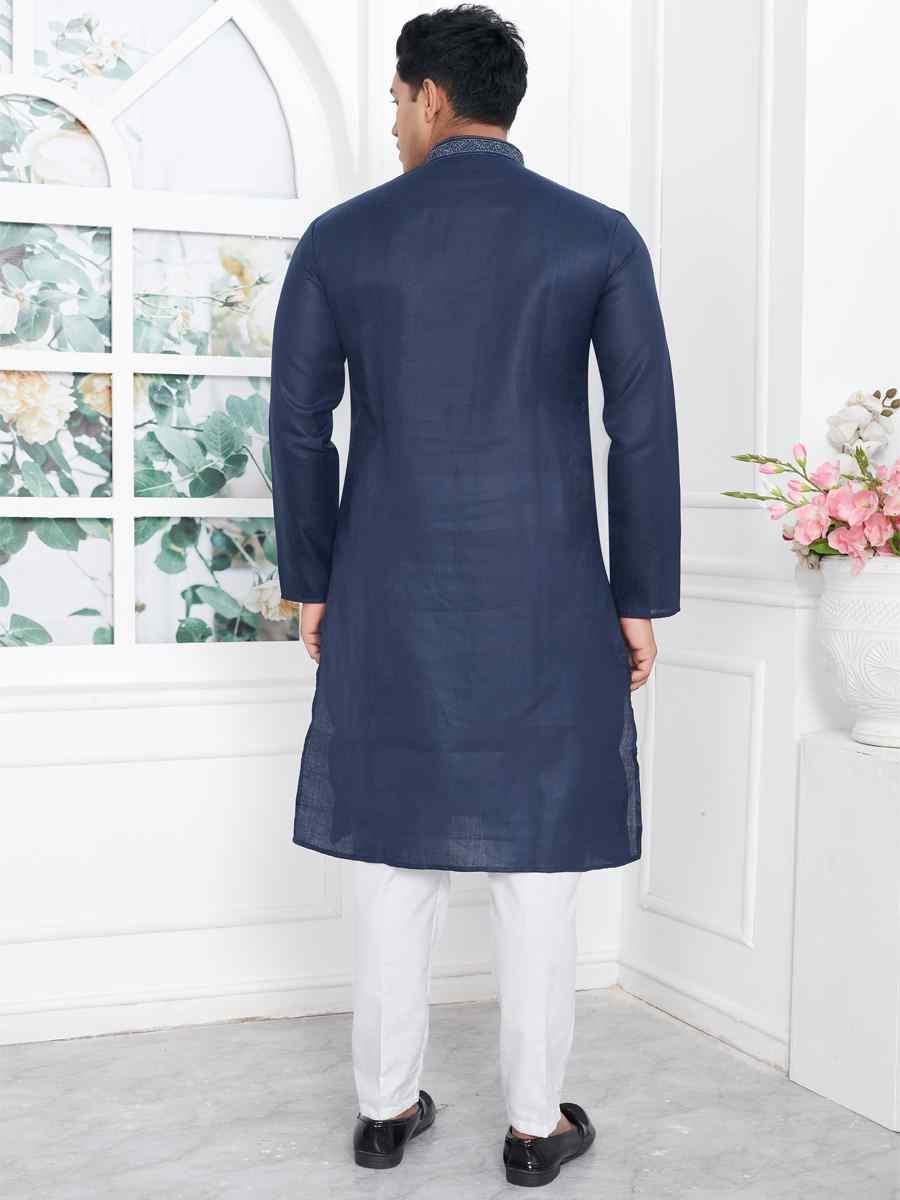 Navy Blue Premium Linen Cotton Plain Festival Casual Kurta