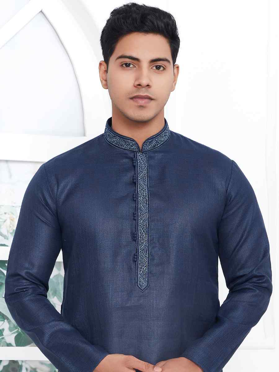 Navy Blue Premium Linen Cotton Plain Festival Casual Kurta