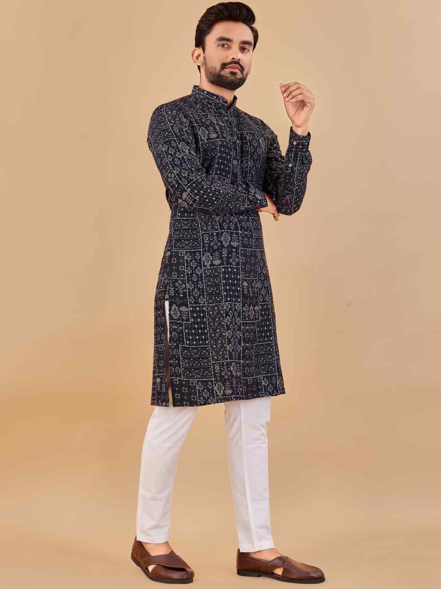 Navy Blue Premium Soft Cotton Printed Festival Casual Kurta