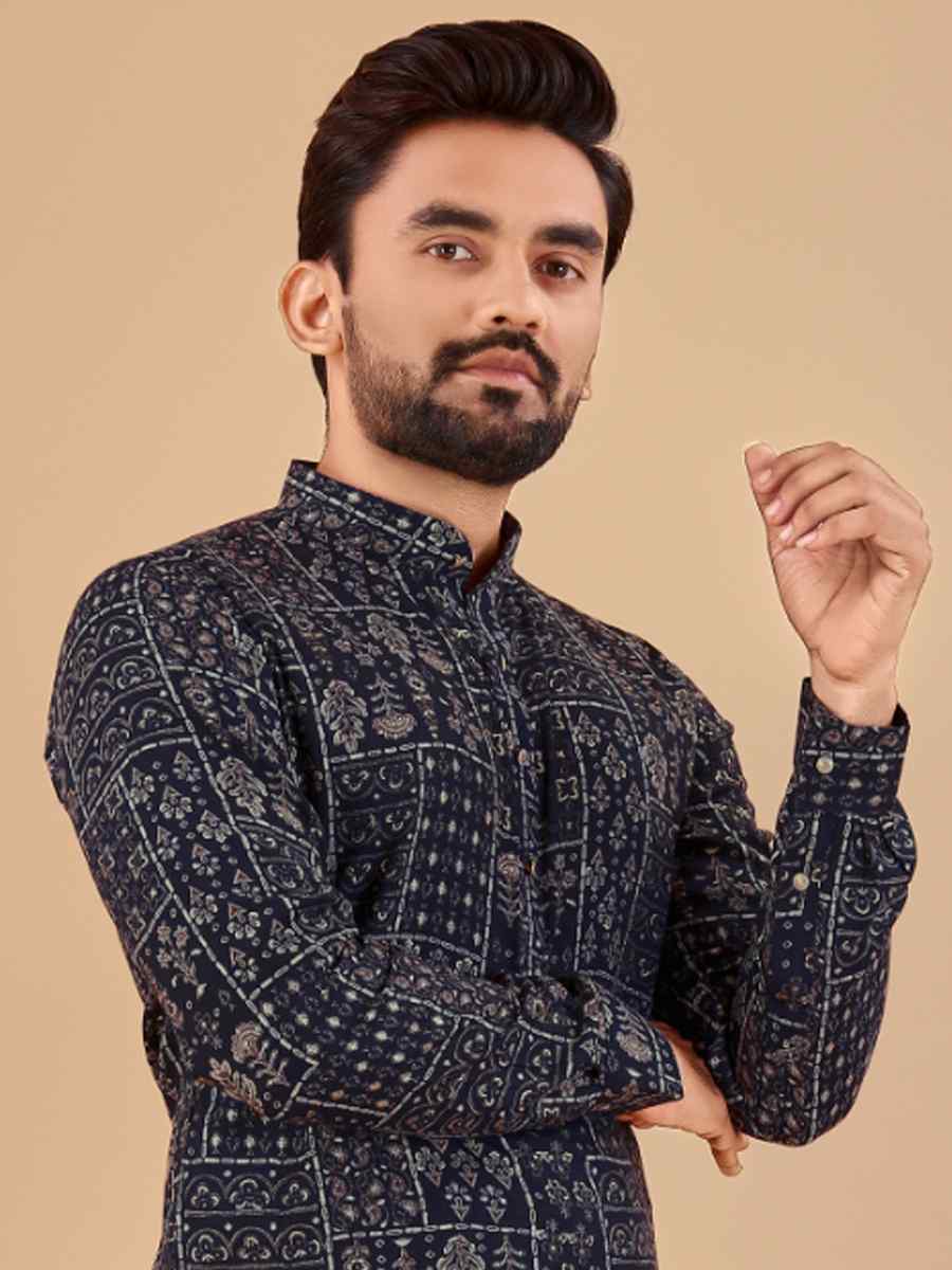 Navy Blue Premium Soft Cotton Printed Festival Casual Kurta