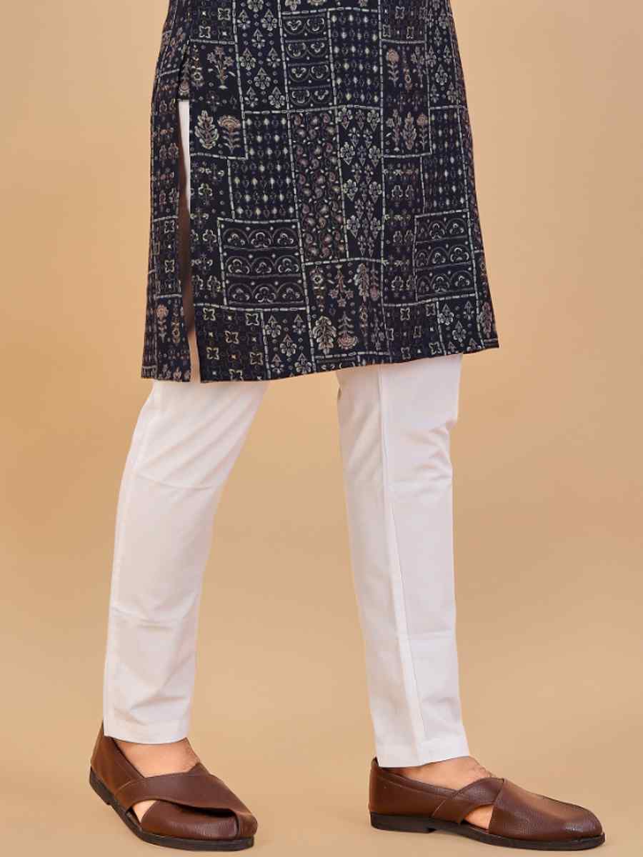 Navy Blue Premium Soft Cotton Printed Festival Casual Kurta