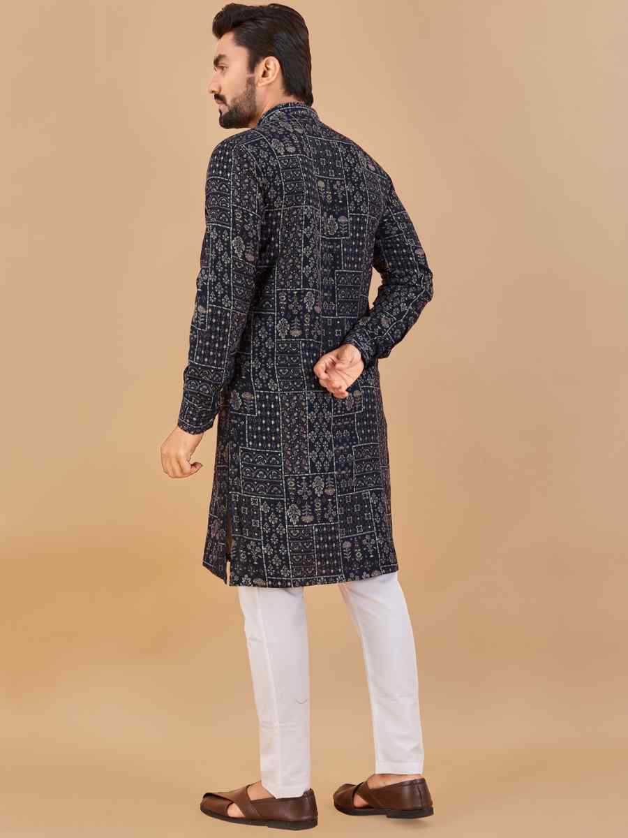 Navy Blue Premium Soft Cotton Printed Festival Casual Kurta