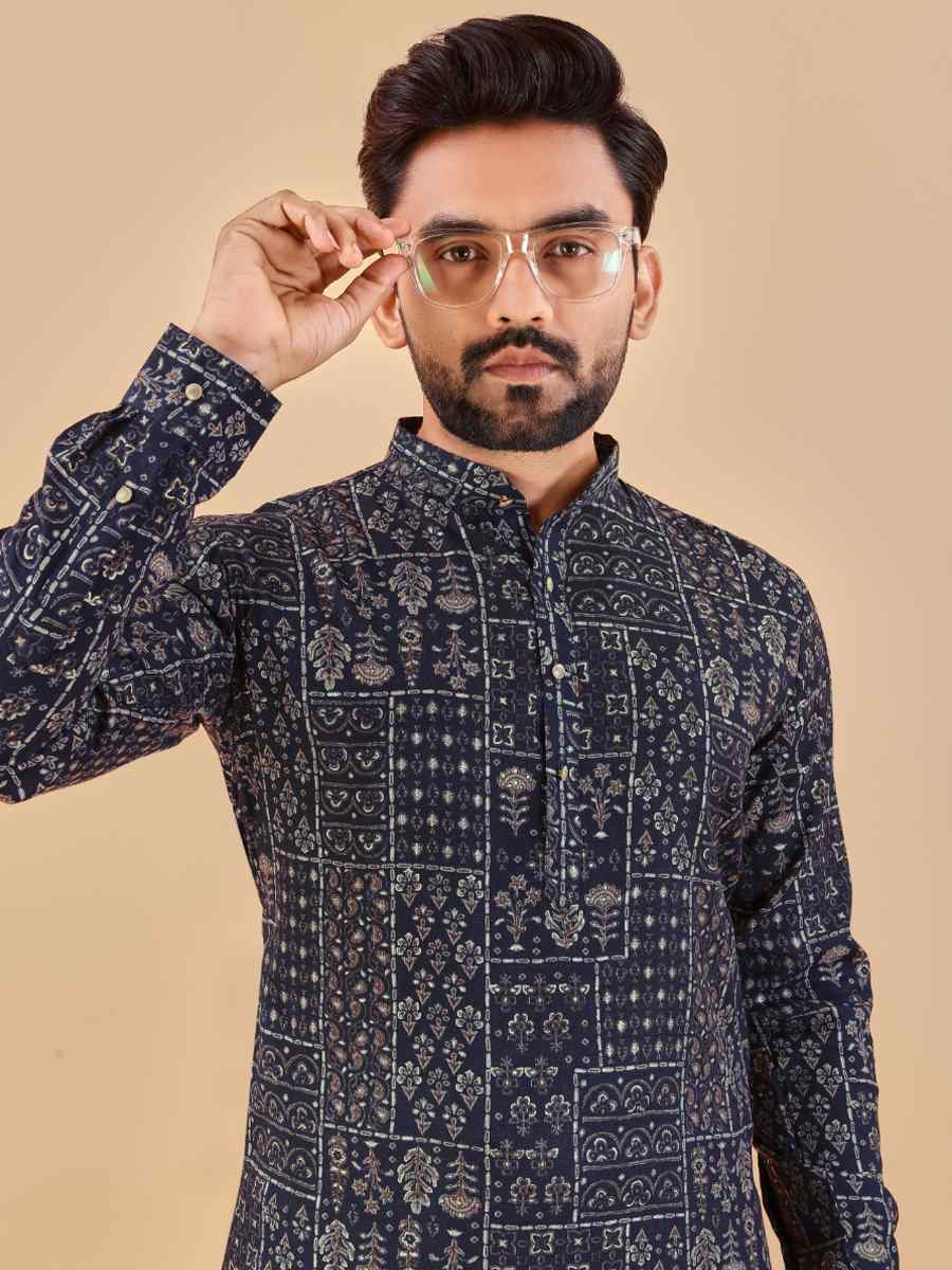 Navy Blue Premium Soft Cotton Printed Festival Casual Kurta