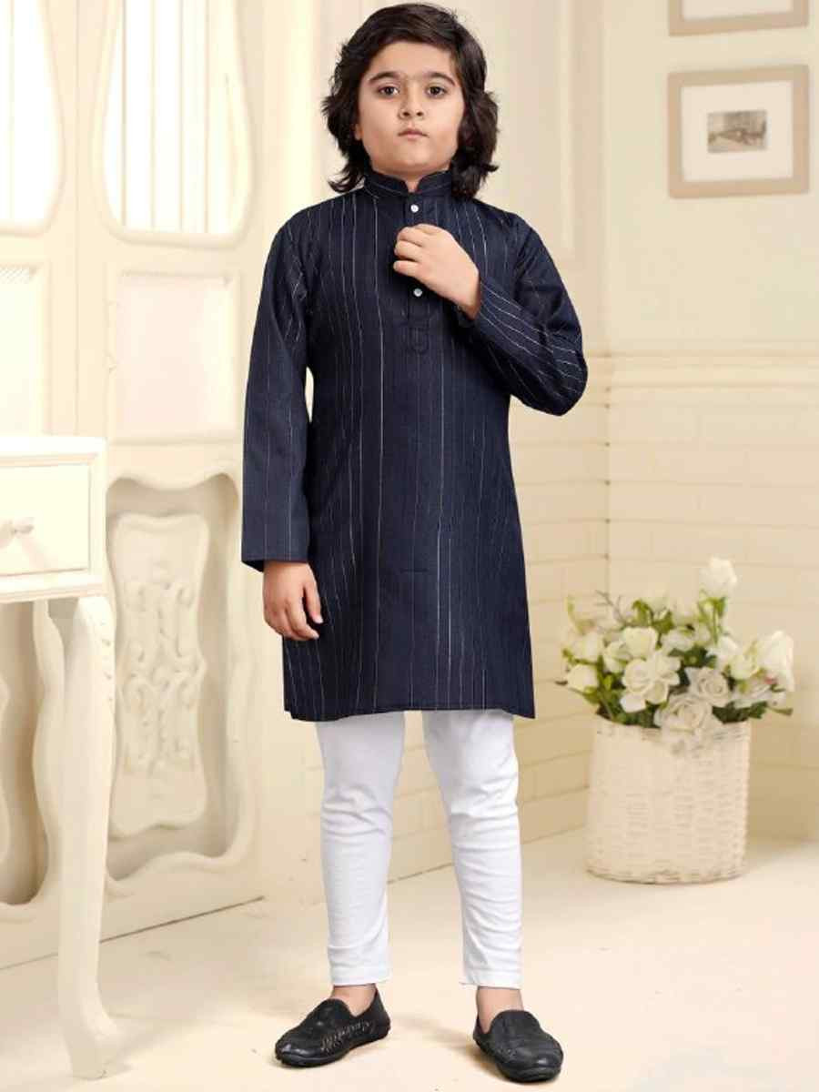 Navy Blue Pure Cotton Slub Zardosi Festival Traditional Kurta Pyjama Boys Wear