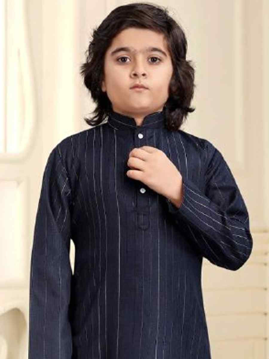 Navy Blue Pure Cotton Slub Zardosi Festival Traditional Kurta Pyjama Boys Wear