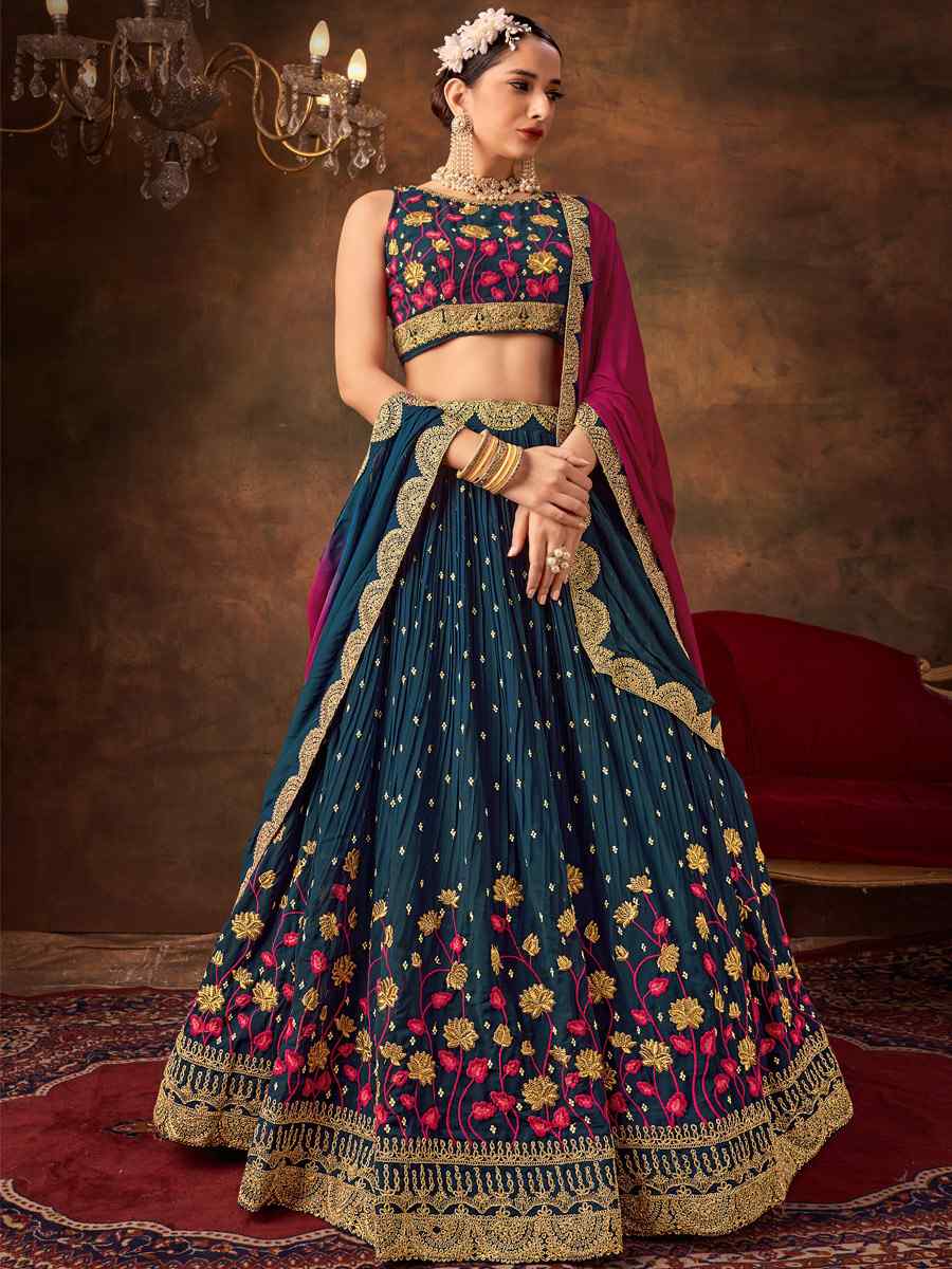 Navy Blue Pure Georgette Embroidered Bridesmaid Wedding Heavy Border Lehenga Choli