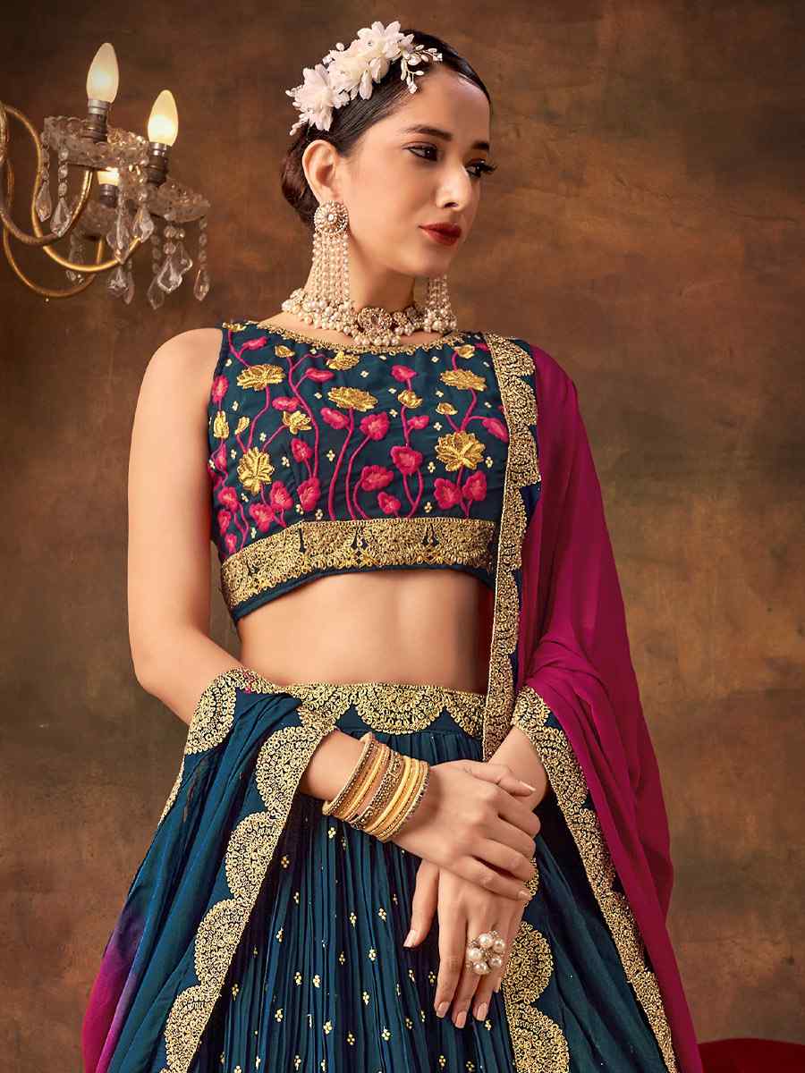 Navy Blue Pure Georgette Embroidered Bridesmaid Wedding Heavy Border Lehenga Choli