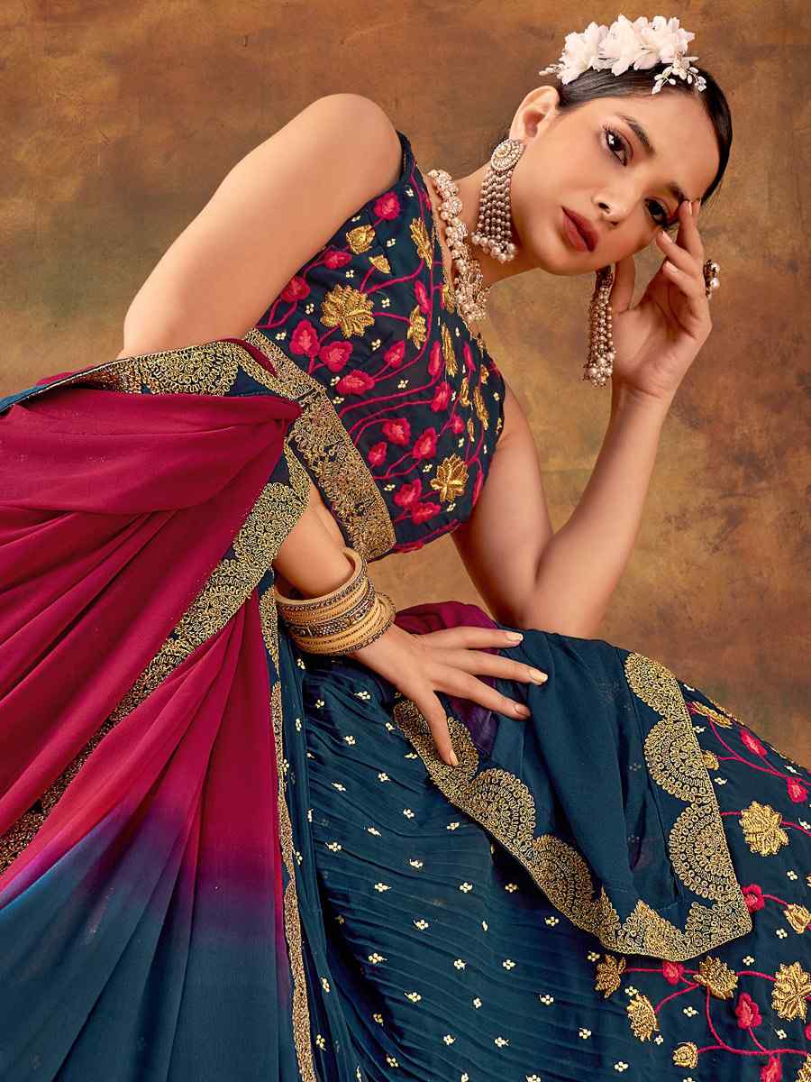 Navy Blue Pure Georgette Embroidered Bridesmaid Wedding Heavy Border Lehenga Choli