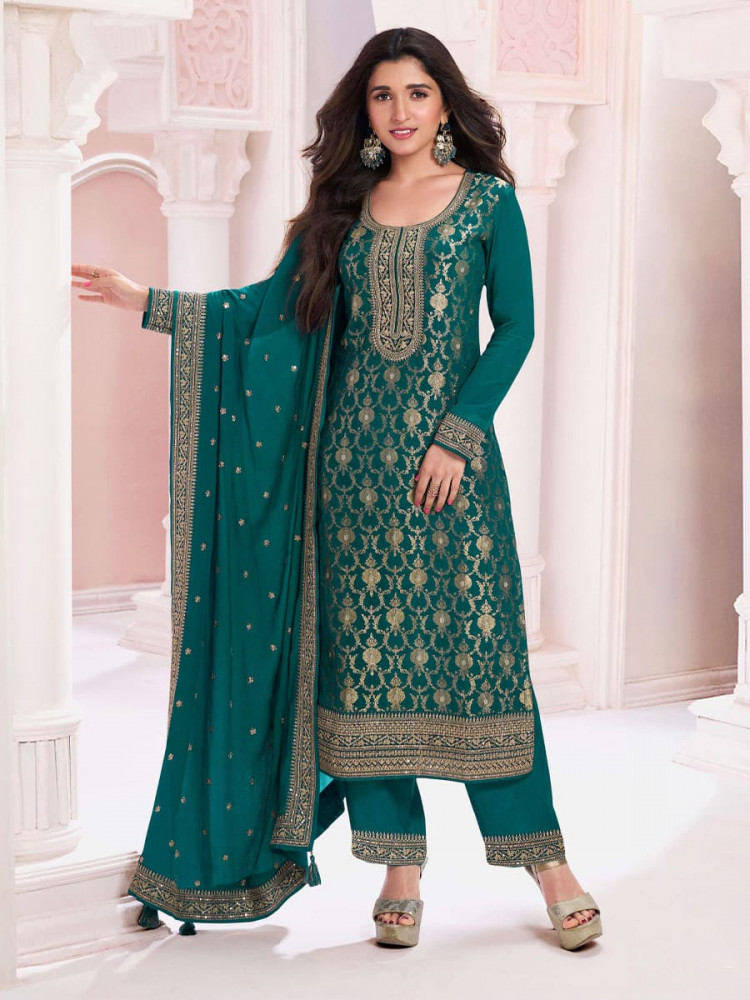 Navy Blue Pure jacquard Viscose Embroidered Festival Casual Pant Salwar Kameez