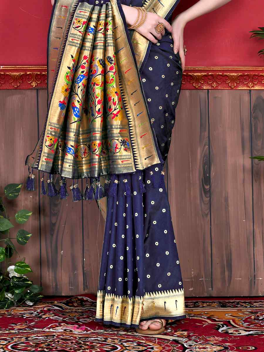 Navy Blue Pure Lichi Silk Handwoven Wedding Festival Heavy Border Saree