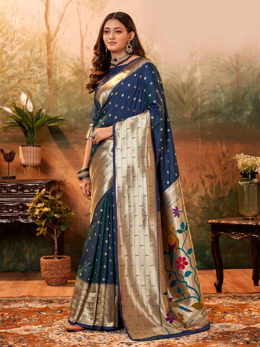 Navy Blue Pure Paithani Silk Handwoven Festival Wedding Heavy Border Saree