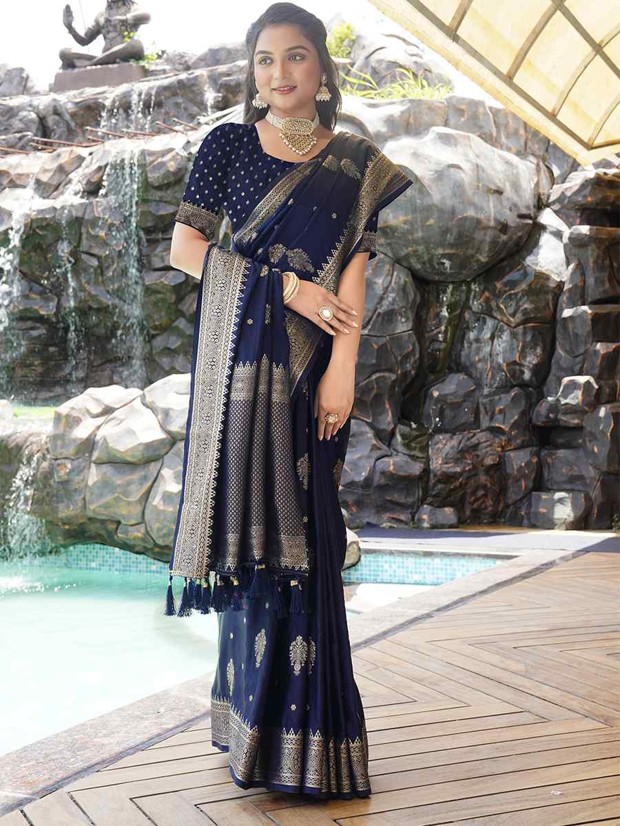 Navy Blue Pure Satin Silk Handwoven Festival Wedding Heavy Border Saree