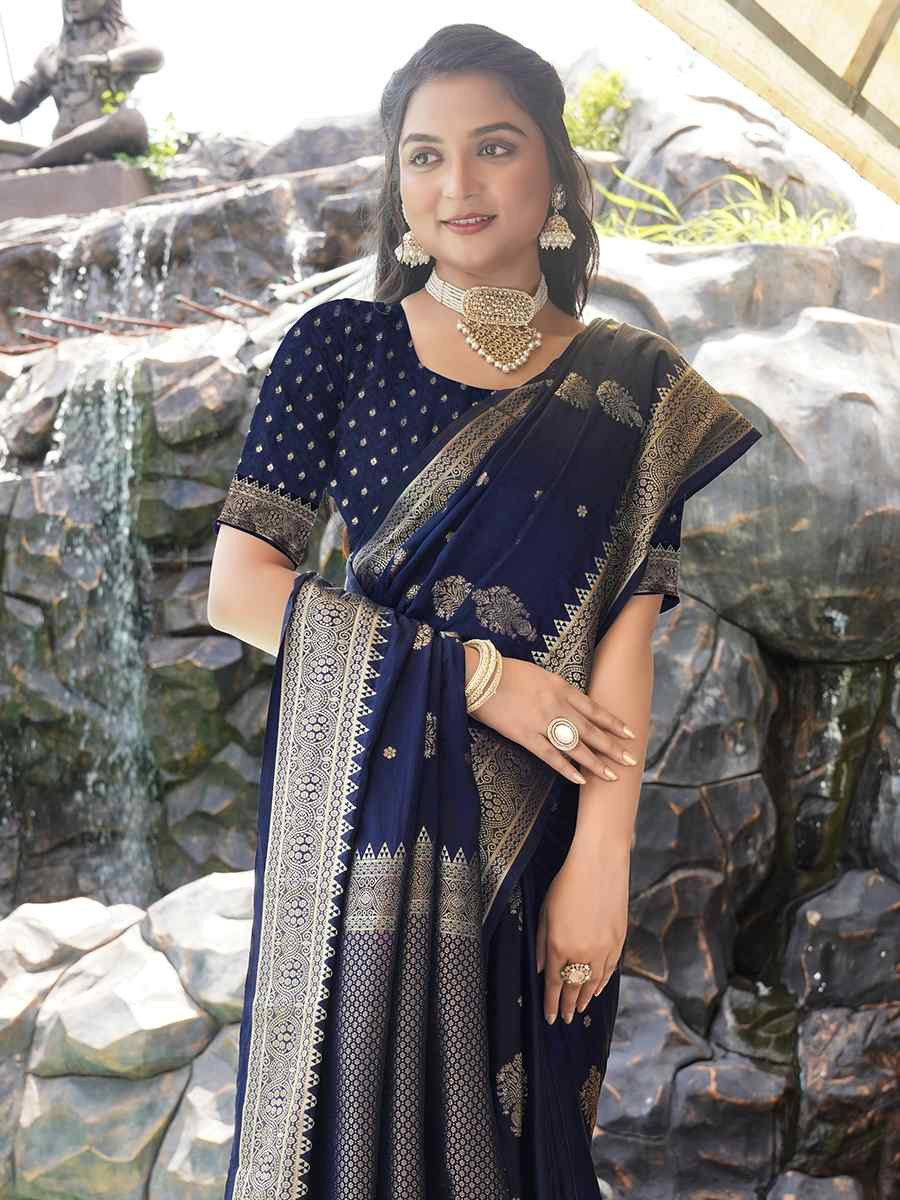 Navy Blue Pure Satin Silk Handwoven Festival Wedding Heavy Border Saree