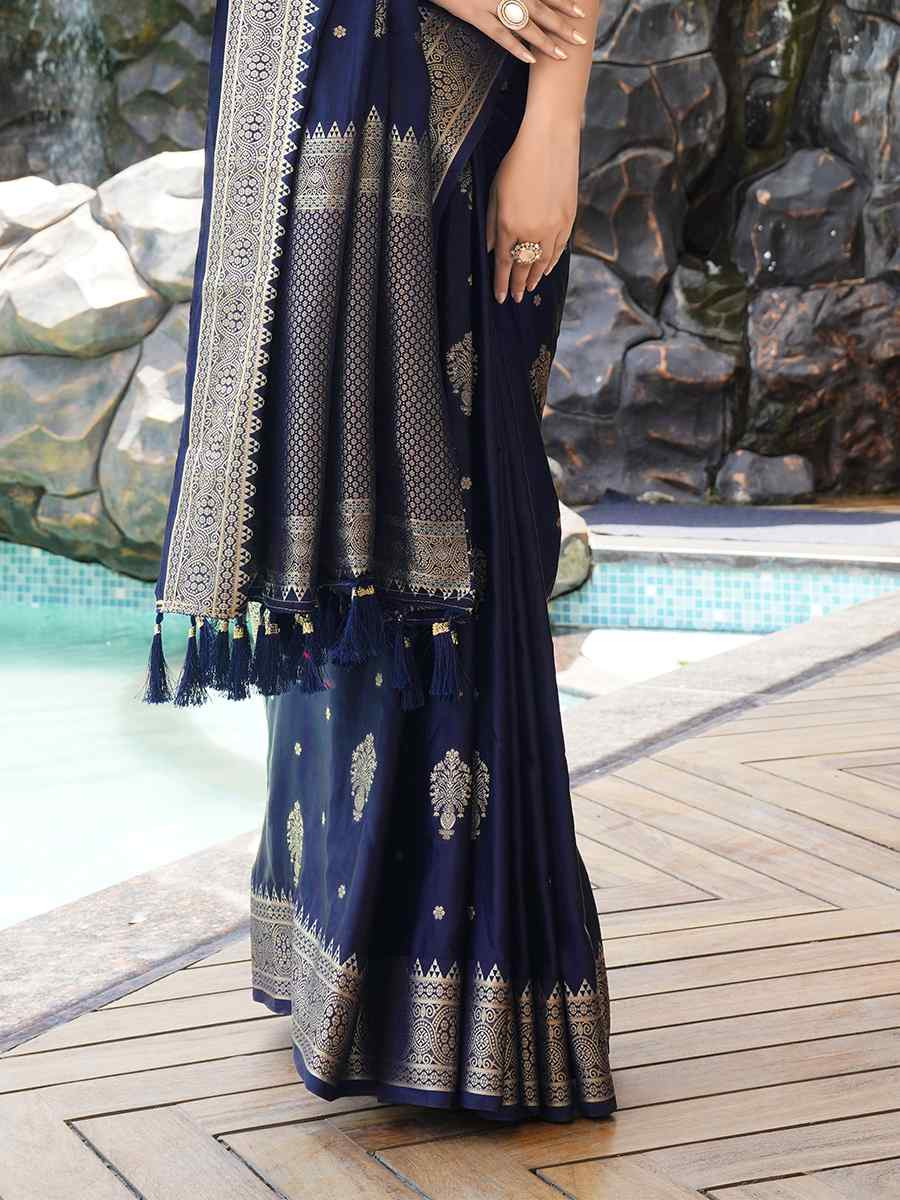 Navy Blue Pure Satin Silk Handwoven Festival Wedding Heavy Border Saree