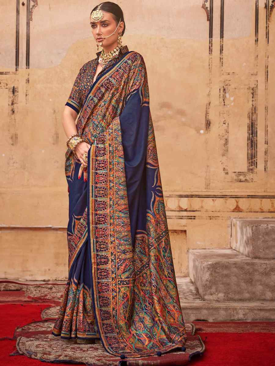 Navy Blue PV Silk Printed Casual Festival Classic Style Saree