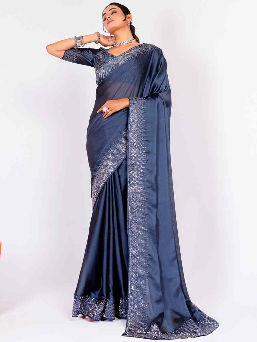 Navy Blue Rangoli Embroidered Wedding Party Heavy Border Saree